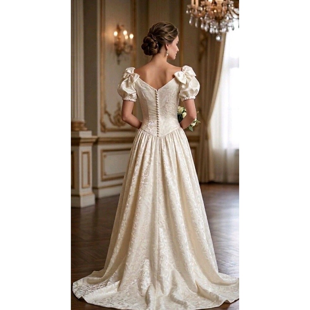 Vintage 80s 90s Satin Wedding Gown with Cathedral Train Romantic Brocade Floral - Picture 2 of 16